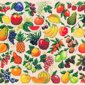 Fruit Cross Stitch Patroonboek PDF • Gemakkelijk Beginner Mini Vintage Cross Stitch Patroon Sampler • Banaan Appel Aardbei Perzik Peer Citroen Vijg