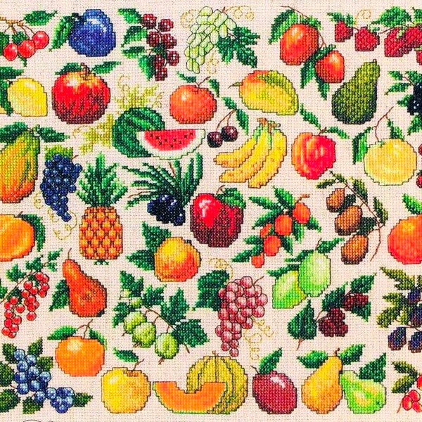 Fruit Cross Stitch Pattern Book PDF • Easy Beginner Mini Vintage Cross Stitch Pattern Sampler • Banana Apple Strawberry Peach Pear Lemon Fig