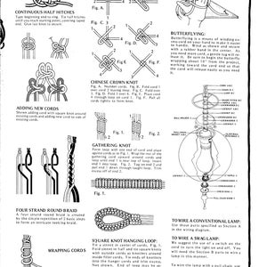 May include: A black and white illustration showing different types of knots used in macrame. The illustration includes instructions for tying each knot, such as the continuous half hitch, the Chinese crown knot, the gathering knot, and the square knot hanging loop.
