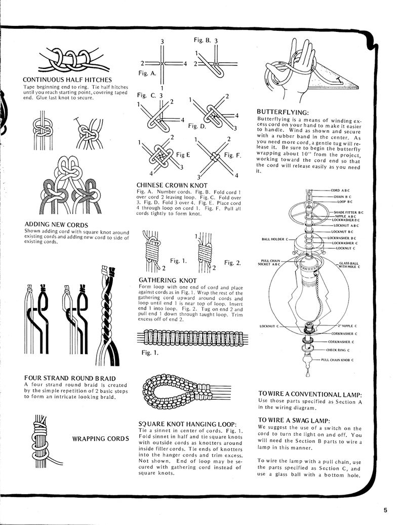 May include: A black and white illustration showing different types of knots used in macrame. The illustration includes instructions for tying each knot, such as the continuous half hitch, the Chinese crown knot, the gathering knot, and the square knot hanging loop.