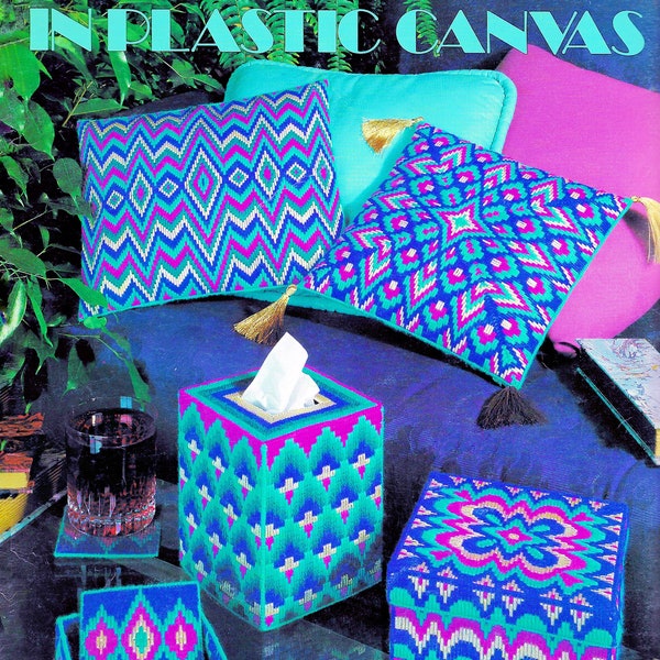 Vintage Plastic Canvas Pattern Book PDF • Bargello Plastic Canvas Tissue Box Cover Pattern Flower Pillow  Floral Home Decor Geometric Zigzag