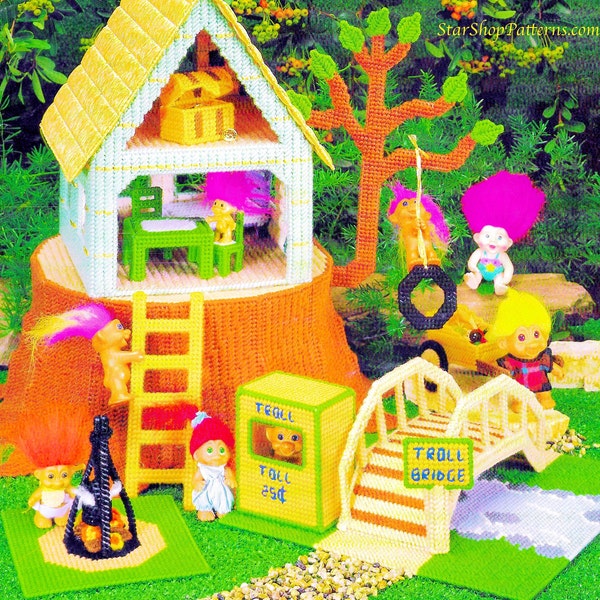 Doll Plastic Canvas Pattern Book PDF • Troll Doll House Plastic Canvas Patterns • Boy Girl Toy Town Tree Cabin Cottage Dollhouse Doll House