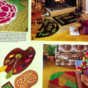 Puede incluir: Una colecci&oacute;n de alfombras coloridas de estilo retro en varias formas y dise&ntilde;os. Las alfombras incluyen un dise&ntilde;o floral, una forma de paleta con pinceles y un patr&oacute;n geom&eacute;trico. La imagen es de un anuncio vintage de decoraci&oacute;n del hogar.
