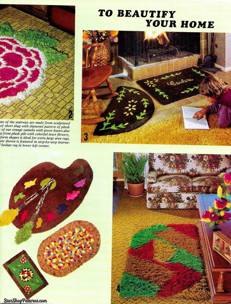 Puede incluir: Una colecci&oacute;n de alfombras coloridas de estilo retro en varias formas y dise&ntilde;os. Las alfombras incluyen un dise&ntilde;o floral, una forma de paleta con pinceles y un patr&oacute;n geom&eacute;trico. La imagen es de un anuncio vintage de decoraci&oacute;n del hogar.