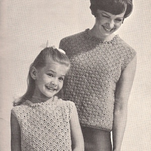 Duet in Crochet • 1960s Women&#39;s & Girls Sweater Pattern • Vintage Crocheting Top Shell Patterns • Retro Patons Beehive • PDF File