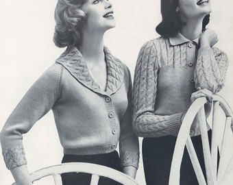 Very Cabled Cardigans • 1950s Knitting Collared Cardigan Sweater Patterns • 50s Vintage Pattern • Retro Women's Knit Digital PDF