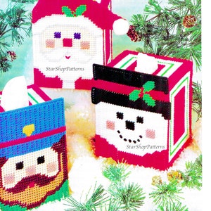 ヴィンテージ プラスチック キャンバス パターン ブック PDF • クリスマス プラスチック キャンバス • クリスマス ティッシュ ボックス カバー パターン • サンタ スノーマン ホリデー ギフト トート バッグ