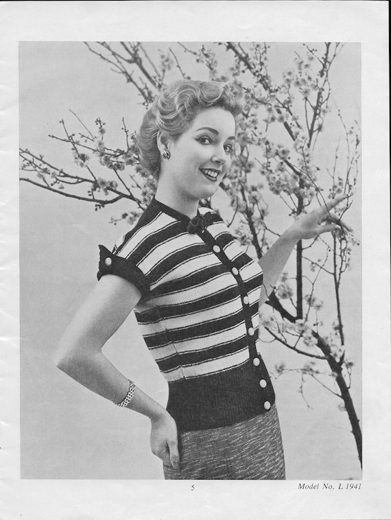 Striped Cardigan Sweater 1950s Knitting V neck Top Jumper Knitted