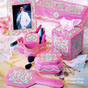 10-Mesh Plastic Canvas Pattern Book PDF • Vanity Bedroom Plastic Canvas Patterns Flower Tissue Box Cover • Mirror Picture Frame Jewelry Box