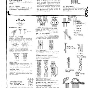 May include: A black and white illustrated guide to knotting cords, featuring diagrams and instructions for various knots, including the overhand knot, lark's head knot, square knot, and half hitch. The guide also includes terms and definitions for knotting cords, filler cords, and holding cords.