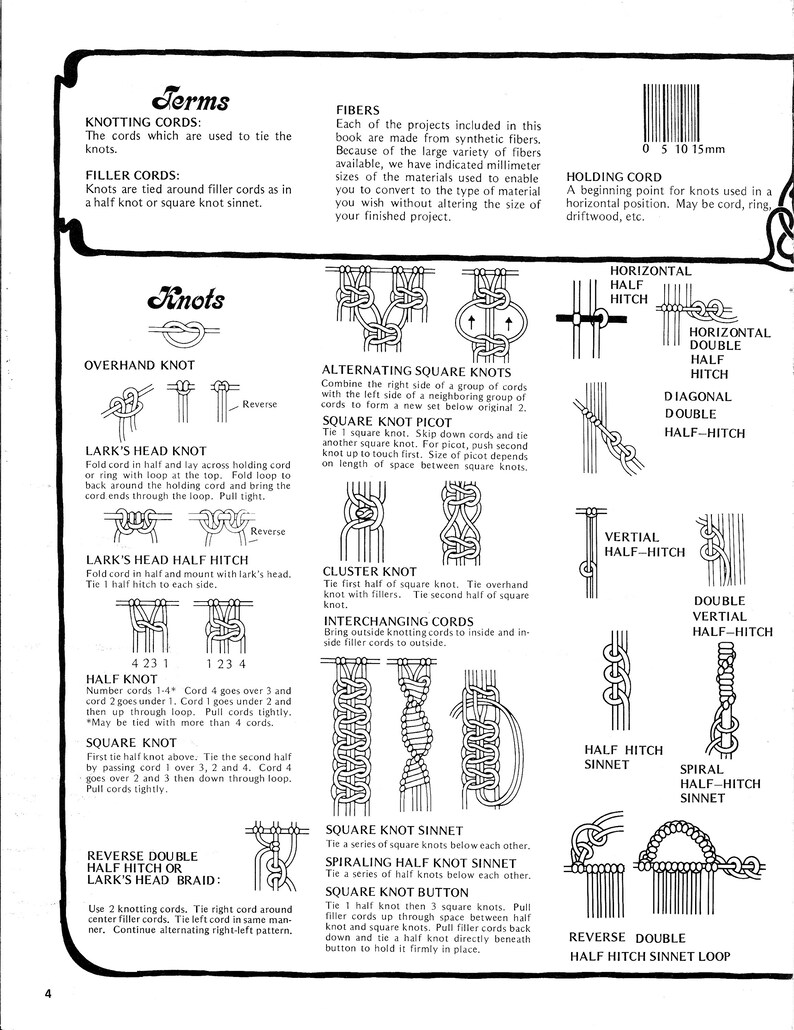 May include: A black and white illustrated guide to knotting cords, featuring diagrams and instructions for various knots, including the overhand knot, lark's head knot, square knot, and half hitch. The guide also includes terms and definitions for knotting cords, filler cords, and holding cords.