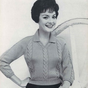 Cabled Comfort • 1950s Knitting Pattern Knit Collared Pullover Sweater Top Patterns • 50s Vintage Pattern • Retro Women&#39;s Knit Digital PDF