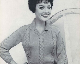 Cabled Comfort • 1950s Knitting Pattern Knit Collared Pullover Sweater Top Patterns • 50s Vintage Pattern • Retro Women's Knit Digital PDF