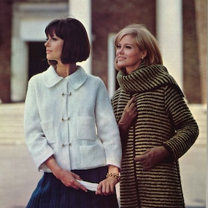 White & Stripes • 1960s Cardigan Sweater Coat Jacket Patterns • 60s Vintage Knitting Pattern • Retro Knit PDF