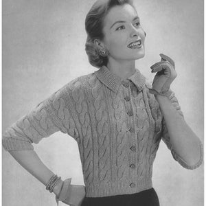 Loops Cardigan 1950s Knit Jacket Pattern Vintage 50s Cable Knitting Sweater Jumper Patterns Retro Bernat Handicrafter PDF File image 1