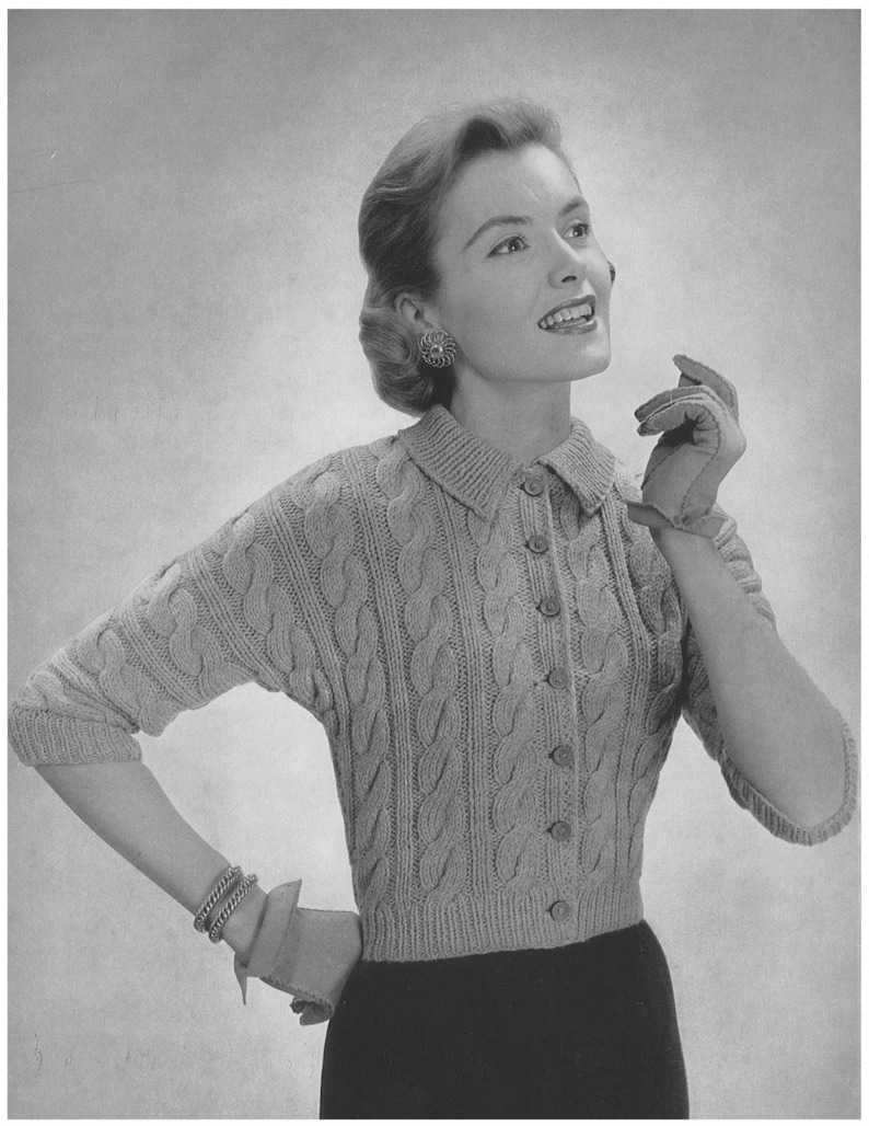 Loops Cardigan 1950s Knit Jacket Pattern Vintage 50s Cable Knitting Sweater Jumper Patterns Retro Bernat Handicrafter PDF File image 1