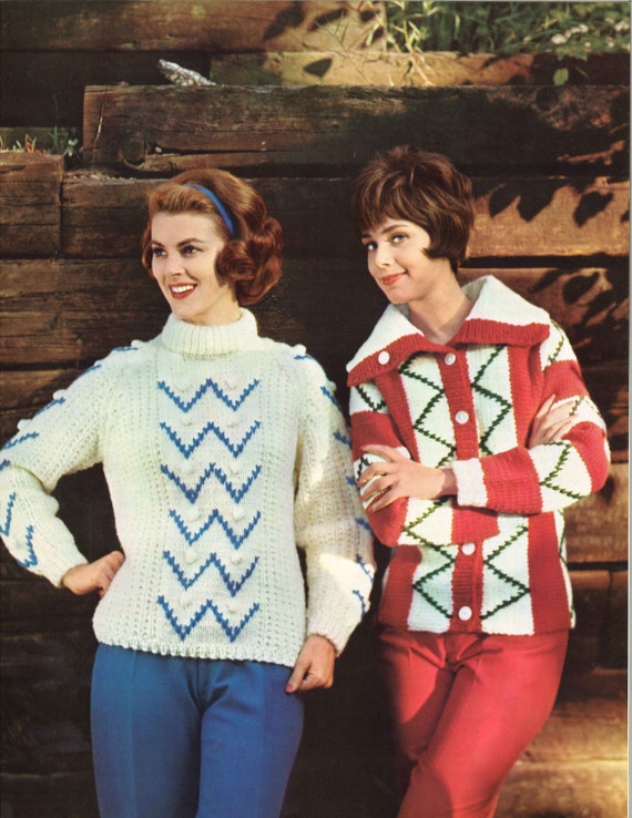 Zig Zag Zoom! • 1960s Knitting Ski Skiing Pullover Cardigan