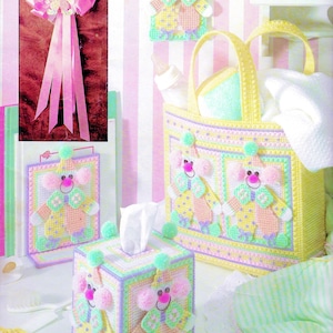 Vintage Plastic Canvas Patroonboek PDF • Baby Tissue Box Plastic Canvas Patronen Kwekerij Decoratie Clown Meisje Jongen Speelgoed Roze Blauwe Tote Bag