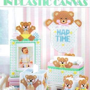 Vintage Plastic Canvas Pattern Book PDF • Teddy Bear Tissue Box Plastic Canvas Patterns Girl Boy Baby Nursery Toy Pink Blue Frame Diaper Box