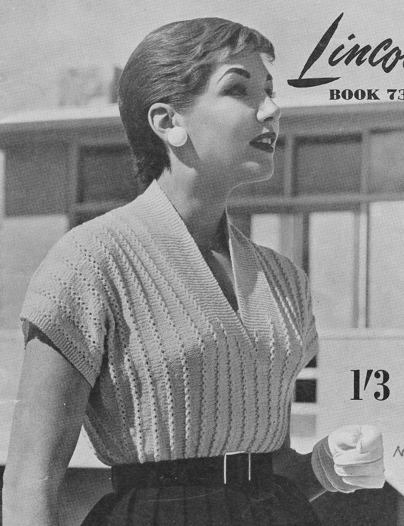 Feather Rib Sweater 1950s Knitting V Neck Top Jumper Knitted Blouse