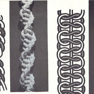 Pu&ograve; includere: Primo piano di quattro diversi nodi di corda. I nodi sono mostrati sia in un disegno a linea che in una fotografia di una corda reale. I nodi sono tutte variazioni di una treccia di base.