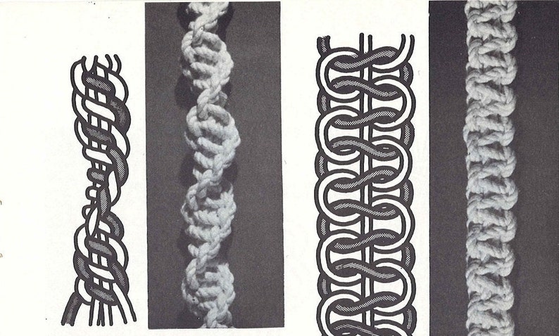 Pu&ograve; includere: Primo piano di quattro diversi nodi di corda. I nodi sono mostrati sia in un disegno a linea che in una fotografia di una corda reale. I nodi sono tutte variazioni di una treccia di base.
