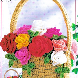 Vintage Häkeltasche Musterbuch PDF Download • Rosen Häkelanleitung Handtasche • Korb mit Rosen Häkelmuster Garten Blume Blumentasche