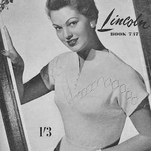 Leaf Lace Sweater • 1950s Knitting Pattern V-Neck Top Jumper Knitted Blouse • 50s Vintage Pattern • Retro Knitwear Women&#39;s Knit Digital PDF