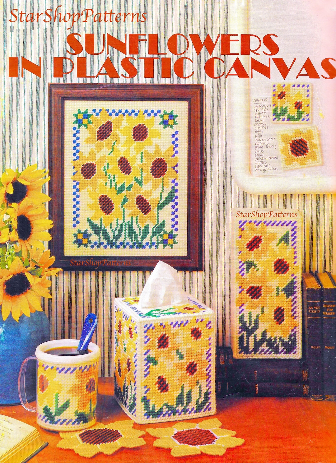 Vintage Plastic Canvas Pattern Book PDF Sunflower Plastic Canvas Pattern  Spring Flower Magnet Coaster Tissue Box Cover Plastic Canvas Mug 