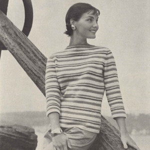 Audrey Stripes • 1950s Knitting Beach Boatneck Top Blouse • 50s Vintage Boating Nautical Vogue Pattern • Retro Women&#39;s Knit Digital PDF