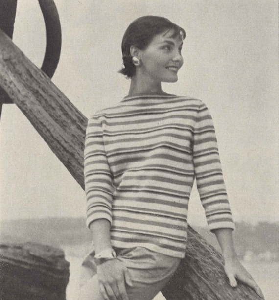 Audrey Stripes • 1950s Knitting Beach Boatneck Top Blouse • 50s
