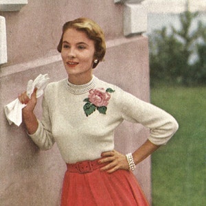 Rose Sweater • 1950s Knitting Engagement Top Jumper • 50s Vintage Vogue Pattern • 1954 Retro Women&#39;s Knit Digital PDF