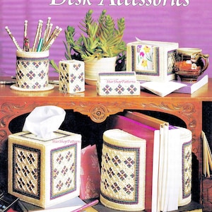 Plastic Canvas Pattern Book PDF • Tissue Box Cover Plastic Canvas Patterns • School Teacher Clock Box Bookend Pencil Holder Coaster Desk