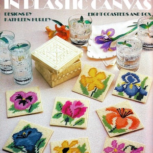 Vintage Plastic Canvas Pattern Book PDF • Floral Flower Coaster Box Easy Kids&#39; Craft Pattern • Violet Morning Glory Pansy Iris Rose Lily