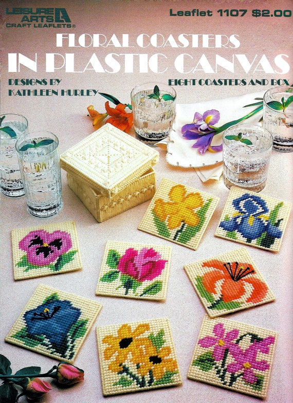 Vintage Plastic Canvas Pattern Book PDF Floral Flower Coaster Box Easy  Kids' Craft Pattern violet Morning Glory Pansy Iris Rose Lily 