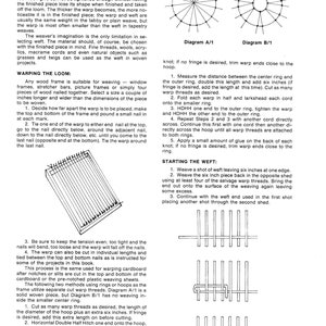May include: A diagram showing how to warp a loom for weaving. The diagram shows a wooden frame with nails at the top and bottom. The warp threads are tied to the nails and then wrapped around the frame. The diagram also includes instructions for starting the weft, which involves weaving a shot of weft leaving six inches at one edge.