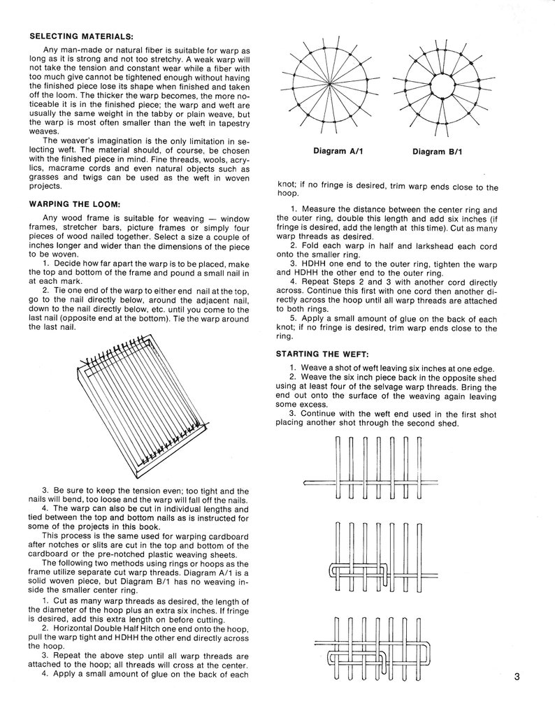May include: A diagram showing how to warp a loom for weaving. The diagram shows a wooden frame with nails at the top and bottom. The warp threads are tied to the nails and then wrapped around the frame. The diagram also includes instructions for starting the weft, which involves weaving a shot of weft leaving six inches at one edge.