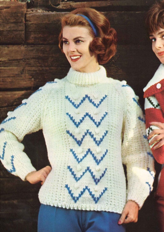 Zig Zag Zoom! • 1960s Knitting Ski Skiing Pullover Cardigan