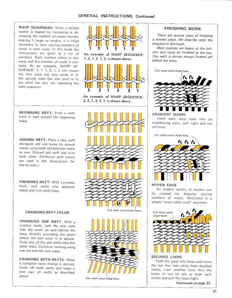 May include: Page from a book with weaving instructions. Diagrams show warp sequences, adding weft, finishing work, and changing weft color. Text explains each step with illustrations of the process.
