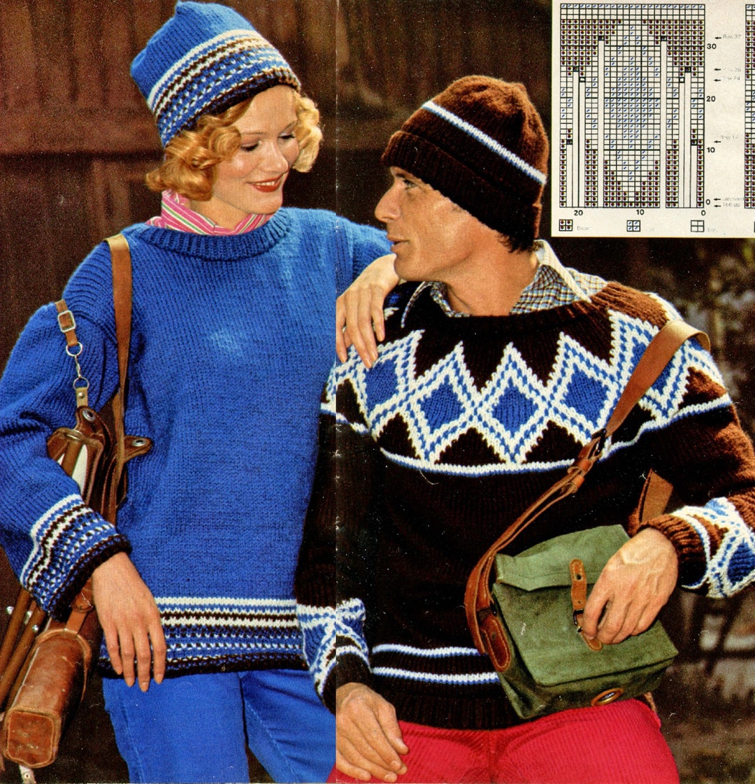 His Hers Ski Sweaters • 1970s Knitting Men's Women's Pullover