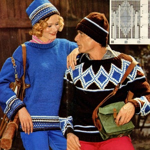His + Hers Ski Sweaters • 1970s Knitting Men&#39;s Women&#39;s Pullover Jumper Pattern • Vintage 70s Patterns • Retro Yarns • Instant Download