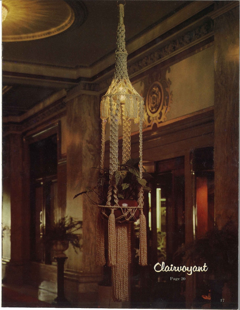 Peut inclure: Un porte-plante en macram&eacute; avec un design tiss&eacute; brun clair. Le porte-plante est suspendu au plafond et contient un pot avec une plante verte. Le texte "Clairvoyant Page 20" est visible en bas de l'image.
