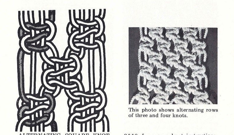 Pu&ograve; includere: Un'illustrazione in bianco e nero di uno schema di nodi, che mostra come creare un nodo quadrato alternato. L'illustrazione &egrave; accompagnata da una foto di una corda bianca legata in uno schema di nodo quadrato alternato.