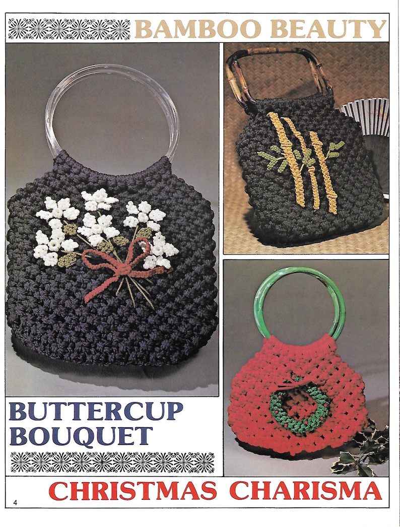 Purse Trio \u2022 1970s Macrame Bags Handbag Designs Boho Purses Tote Patterns \u2022 Bag How To Instruction Pattern Book 70s Vintage \u2022 Retro PDF
