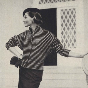 Vichy Jacket • 1950s Fall / Winter Striped Knitting Top Sweater Cardigan • 50s Vintage Vogue Pattern • Retro Women's Knit Digital PDF
