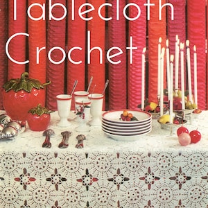 May include: White crocheted tablecloth with a scalloped edge. The tablecloth is laid over a table with red and white decorations and candles. The text "Wedding Tablecloth Crochet" is displayed at the top of the image. The text "Starshop Vintage" is displayed at the bottom of the image.