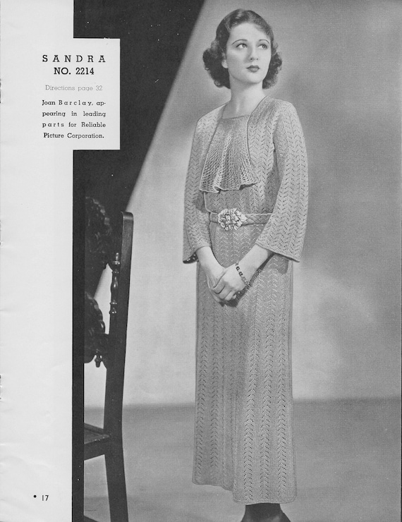 1930s Dress Knitting Pattern  Vintage Women's Lace Gown  1936