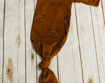 Brown Bears Newborn Sleep Gown/Sleep Gown/Newborn Sleep Gown Set/Baby Shower Gift/Newborn Sleep Set/Knotted Sleep Gown/Coming Home Outfit