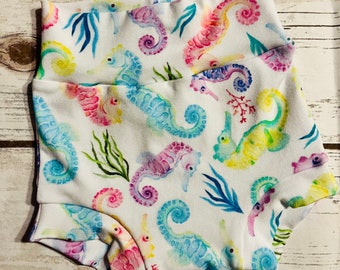 Seahorse  Bummies/Infant Bummies/Infant Shorts/High Waisted Bummies, watercolor Seahorse baby shorts