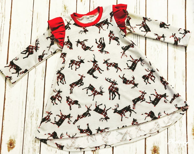 Reindeer Dress/Holiday Dress/ Girls Reindeer Plaid Dress/Ruffle Sleeve Dress